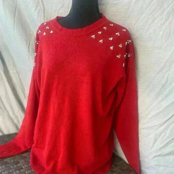 Red Women's Sweater with Pearl Embellishments - Picture 2 of 6